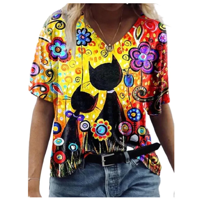

Fashion Streetwear Summer Women Animal Peacock Print T Shirt Street Hipster Ladies Short Sleeve V-Neck Loose Oversized Tops Tee