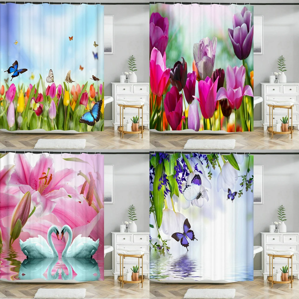 

Flowers Shower Curtain Rose Butterfly Tulip Printed Waterproof Bathroom Curtain Home Decor Polyester Bath Curtains With Hooks