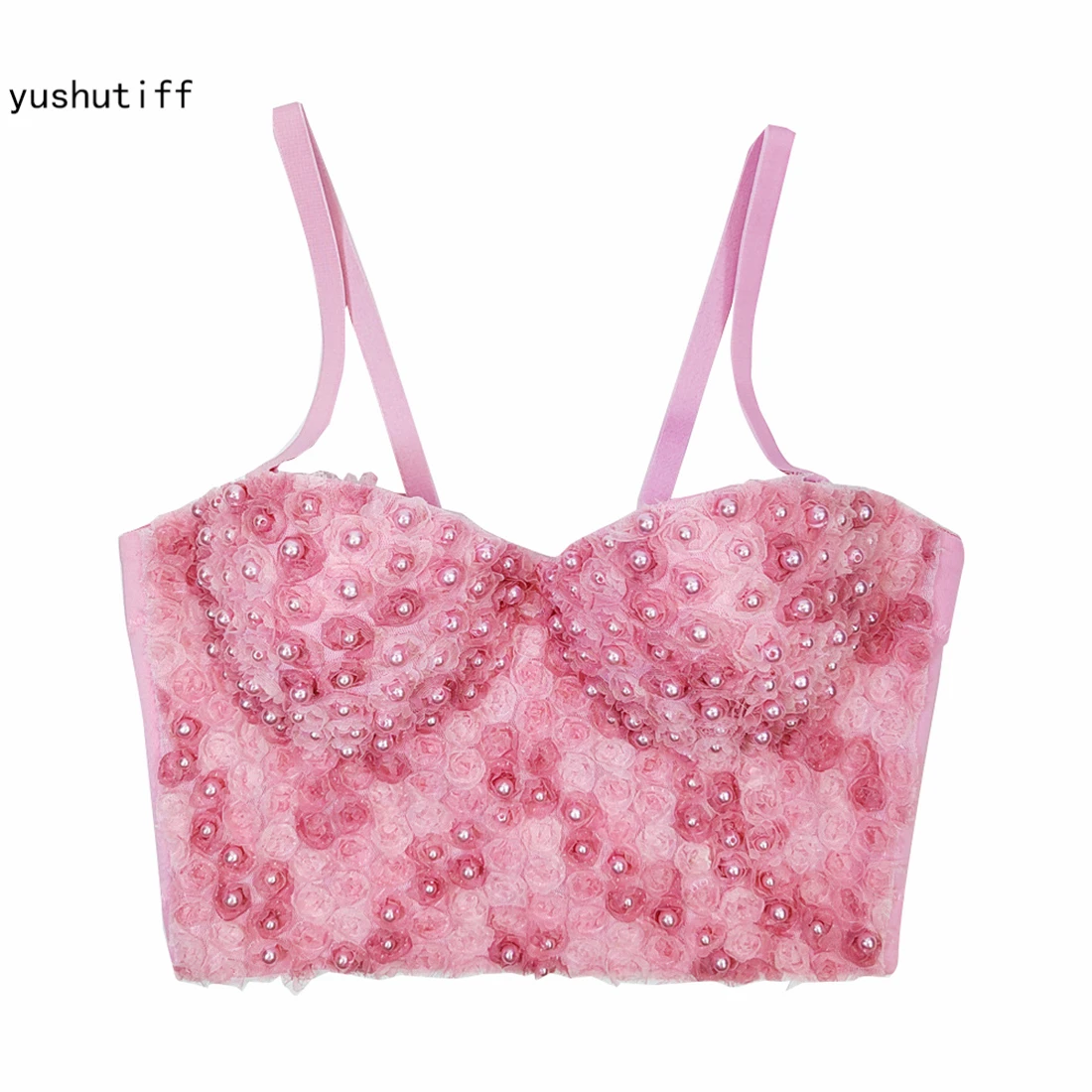 

Floral Pearl Rave Festival Women Corset Bra Nightclub Party Sexy Bustier Sleeveless Vests Pink Coquette Clothes