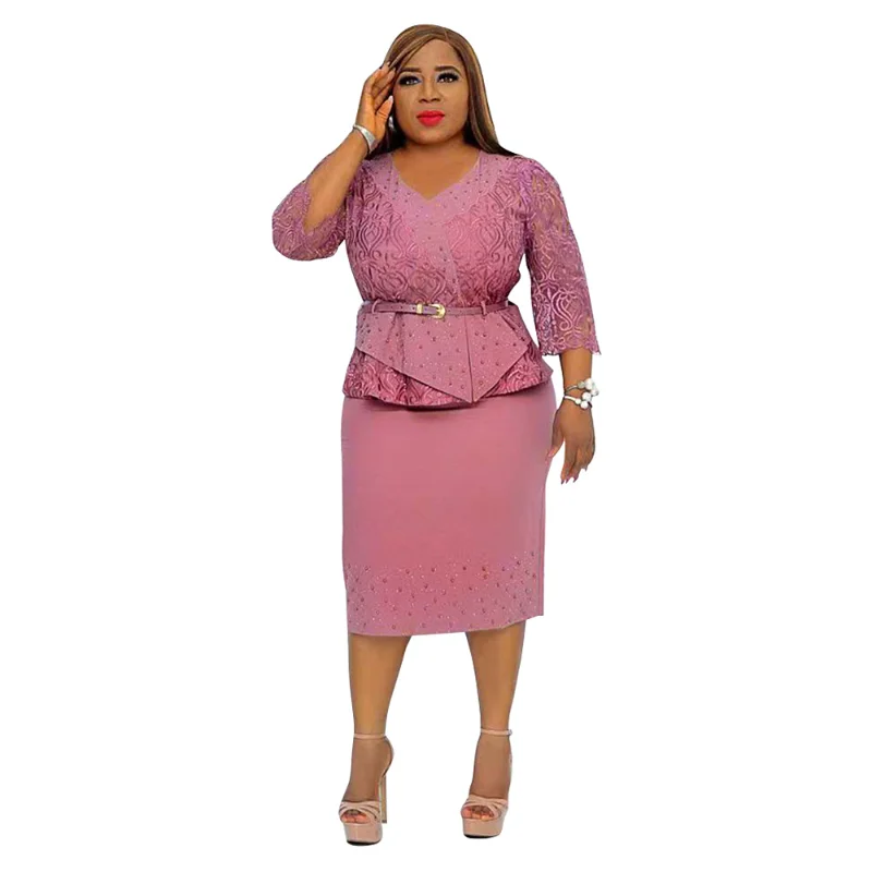 African Dresses for Women Summer Elegant African 3/4 Sleeve Polyester Pink Lace Knee-length Dress Dashiki African Clothes L-3XL