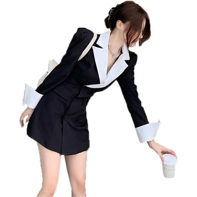 Женский офисный Блейзер длинное черное платье составного кроя на двойной