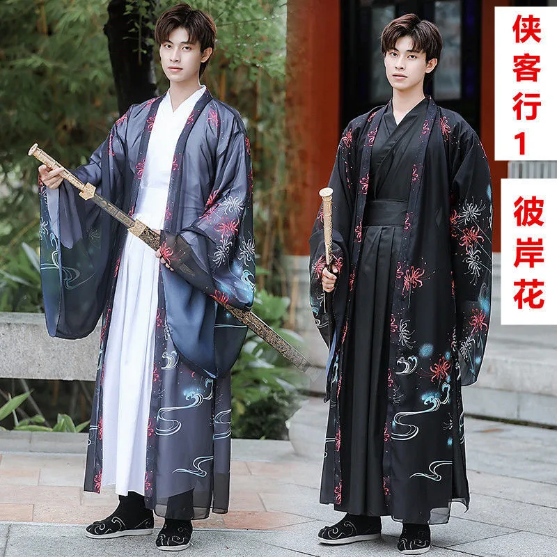 

Couples Chinese Ancient Vintage Hanfu Cross-collar Folk Dance Halloween Cosplay Costume Oriental Wide-sleeved Swordsman Outfit