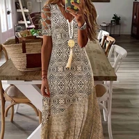 women new fashion hollow out dress 2022 summer vintage pattern print maxi dress ladies spring casual v neck short sleeve dresses