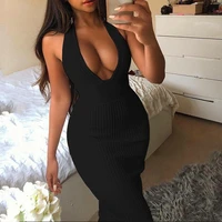 knitted halter maxi dress for women strench backless long club outwear 2021 red black summer sexy party bodycon dresses vestidos