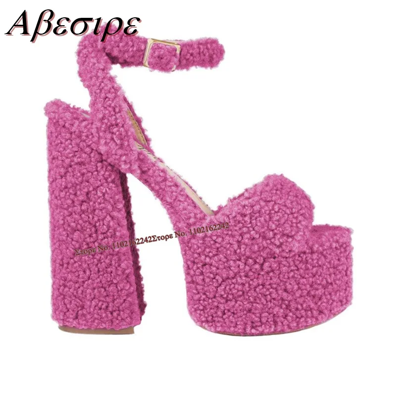 2023 New Spring Sherpa High Heels Comfortable Open Toe Thick Heel Platform Sandals Buckle Strap Fashion Dress Women'S Shoes