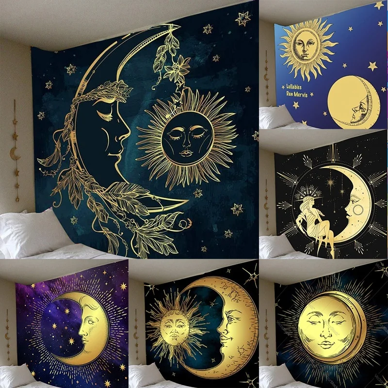 

Солнечный и лунный психоделический гобелен, настенный фон для спальни, настенное украшение