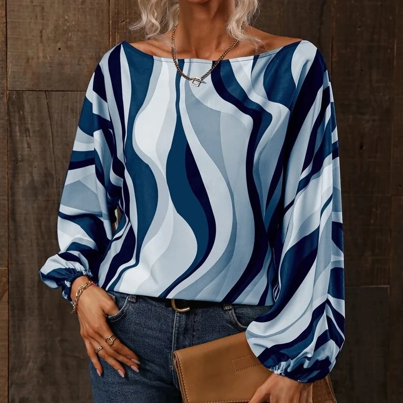 

Summer Tops Fashion Paintings Blouse New Elegant Loose Lantern Long Sleeve Print Blouse Off Shoulder Sexy Shirt Blusas 26553