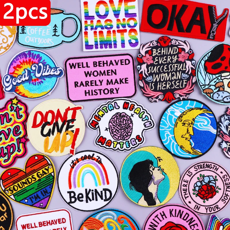 

2PCS Cartoon Letter Embroidered Patches For Clothing DIY Heart Flower Badge Stripes Iron On Patches On Clothes Applique Stickers