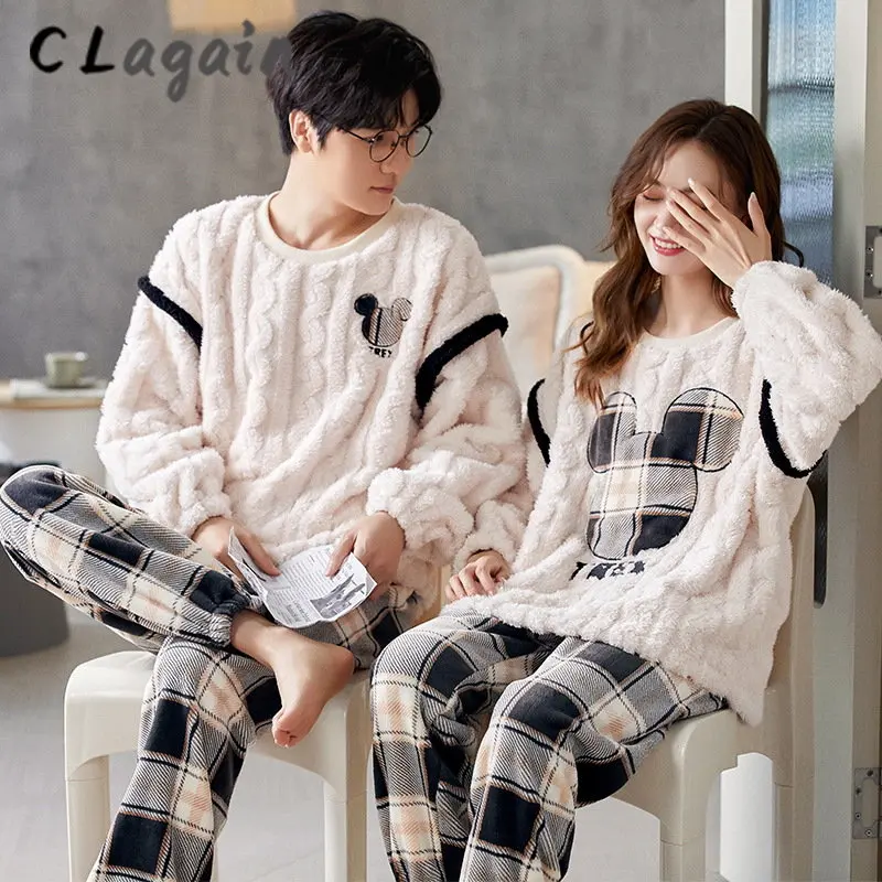 2022 New Couple's pyjamas set coral velvet Winter lovely maiden and velvet thick men's casual flannel housewear set