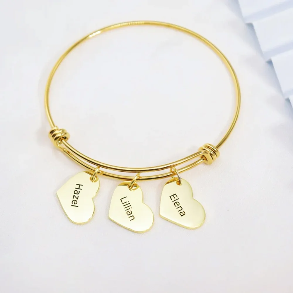 

Personalized Multiple Names Bangle for Women Stainless Steel Heart Pendant Gold Bracelet Mom Jewelry Mother's Day Gift