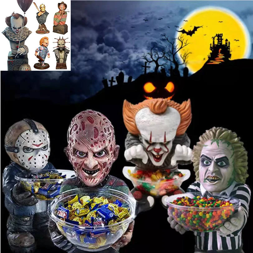 

Halloween Anime Figure Statue Horror Movie Clown Gnome Resin Sculpture Home Decor Ornament Candy Storage Bowl Holder Crafts Gift