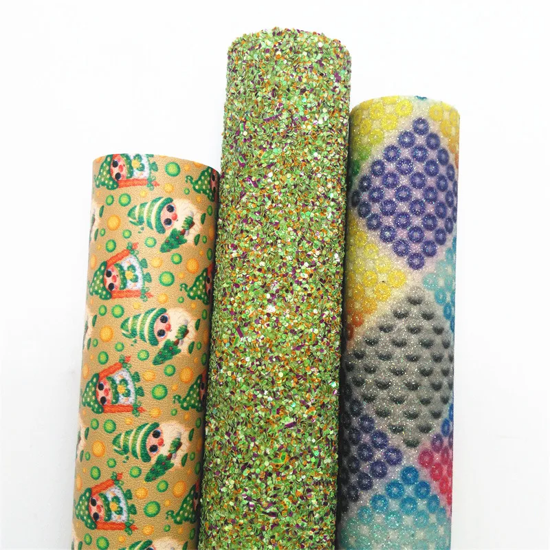 3PCS/SET Green Glitter Vinyl Fabric Matching with Chrismtas Elfs Printed Faux Leather For Bows Earrings DIY 21X29CM Q079