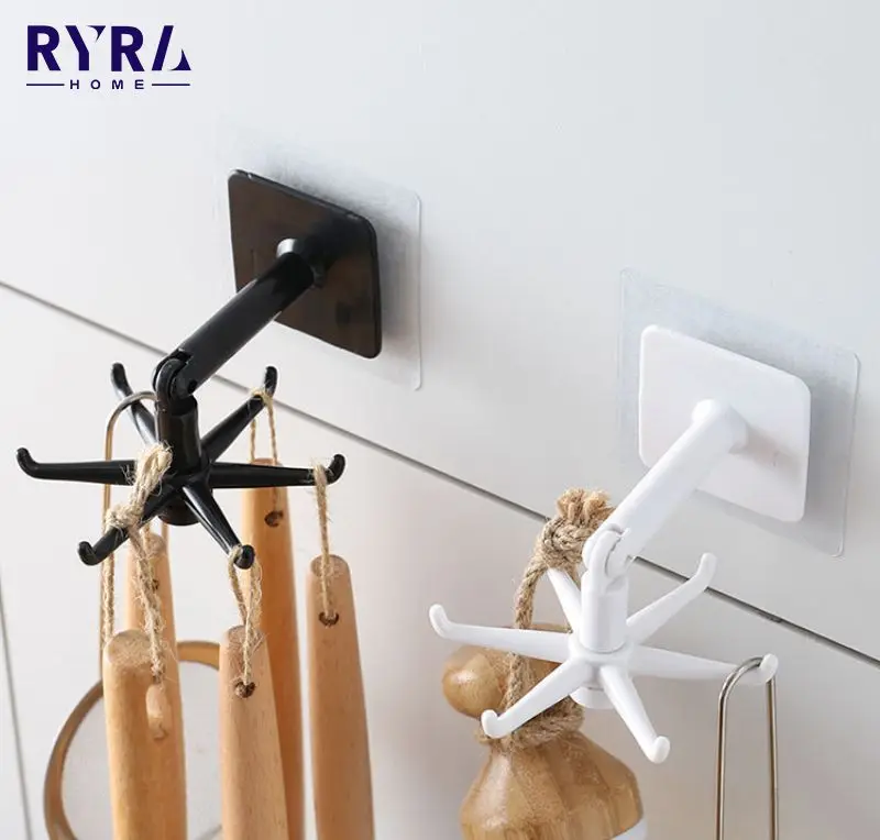 

1pc 360 Rotated Kitchen Hooks Self Adhesive 6 Hooks Wall Door Hook Handbag Clothes Ties Bag Home Hanging Rack Kitchen Gadgets