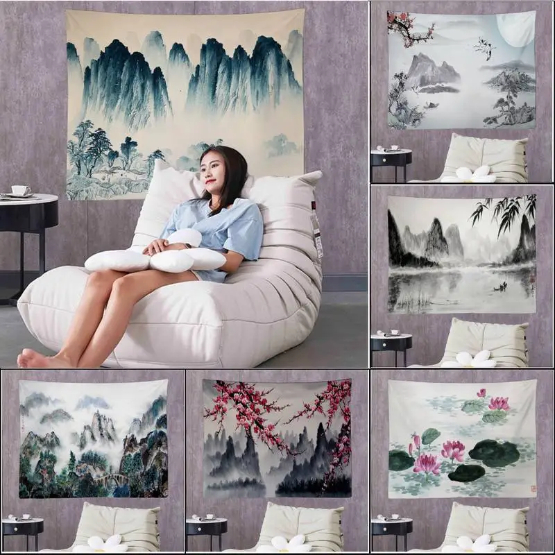 

Chinese Ink Painting Landscape Painting Tapestry Art Printing Cheap Hippie Wall Hanging Bohemian Wall Tapestries
