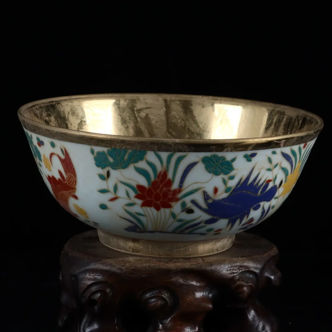 

6"Chinese Folk Collection Old Porcelain colorful Gilt carp pattern fish every year flower illustration bowl offering bowl