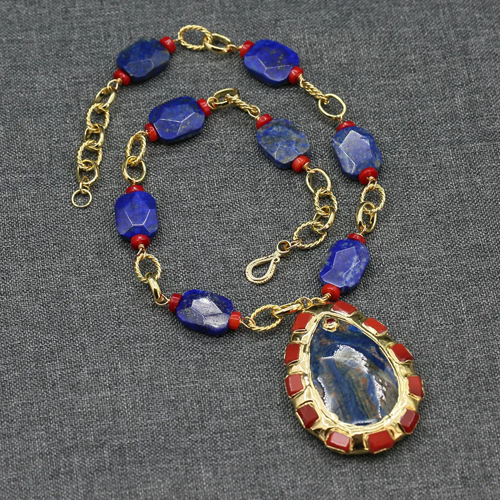 

GuaiGuai Jewelry Real Blue Lapis Lazuli Red Coral Gold Plated Chain Necklace Blue Ocean Jasper Paved Red Jade Pendant