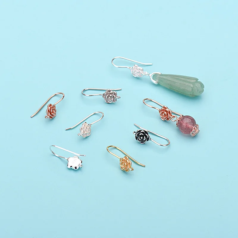 S925 Sterling Silver Ear Hooks Thai Silver Flower Ear Hooks Ancient Gold Earrings Semi-Finished Crystal Diy Earrings Accessories