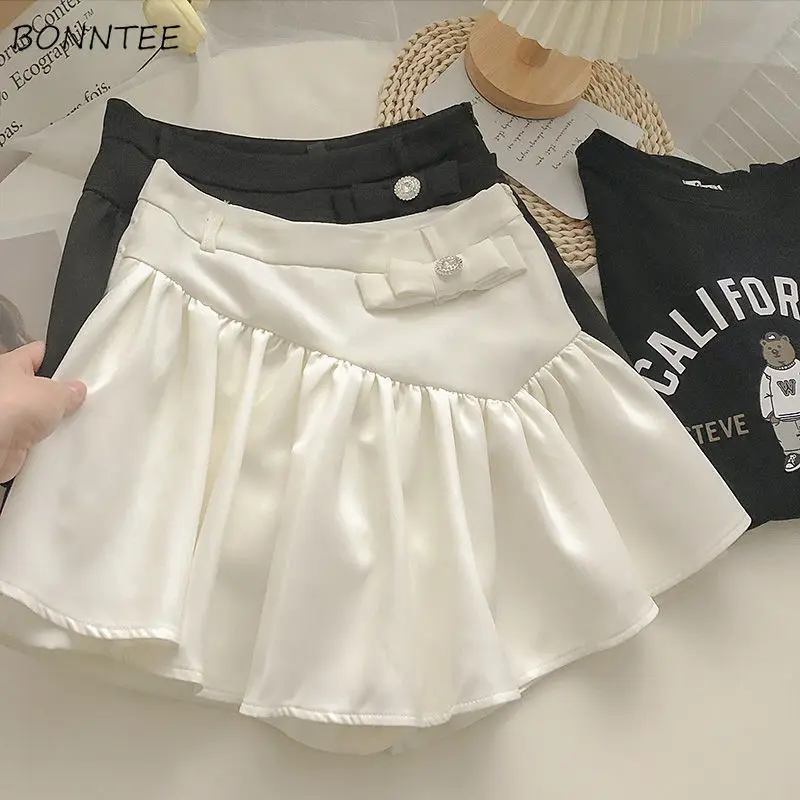 

Skirts Women Mini Solid Bow High Waist A-line Korean Style All-match Students Youth Fashion New Hot Daily Sweet Popular Basic