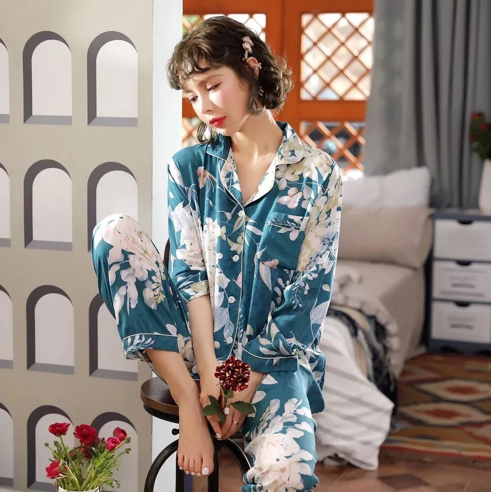 Cotton pajamas women summer long-sleeved trousers two-piece suit women's satin loose printed home wear casual fashion pajamas