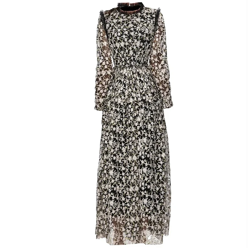 

Dresses For Women 2023 Summer Runway Luxury Brand Elegant Mesh Stand Collar Long Sleeve Flowers Embroidery Vintage Party Dress