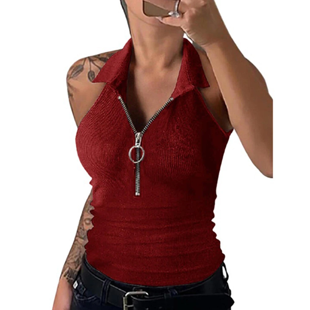 

Female Casual Summer Tank Topsladies V Neck Zipper Sleeveless Tee Tops Women'S Solid Ribbed Vest Top Ropa De Mujer 2022 Fashion
