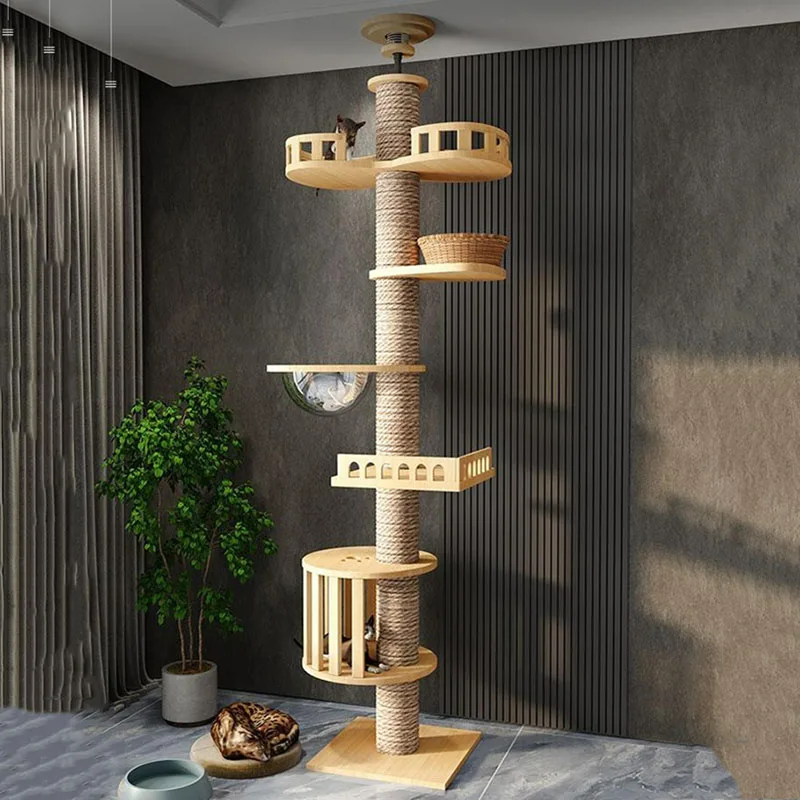 

255-265cm Solid Wood Cat Climbing Tree Post Ceiling Tree Tower Large Cat Toys Villa Scraper Cats Tower Pet Beds and Furniture
