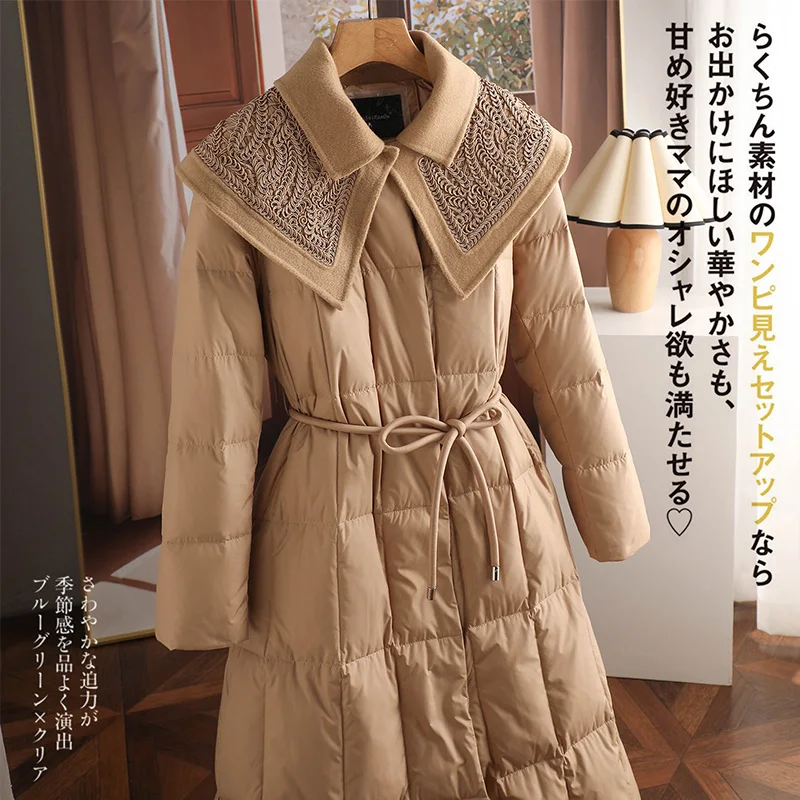 Long Duck Jacket Women 90%  White Duck Down Patchwork Wool Vintage Design Magnetic Clasp Slim Thin Casacos  Coats