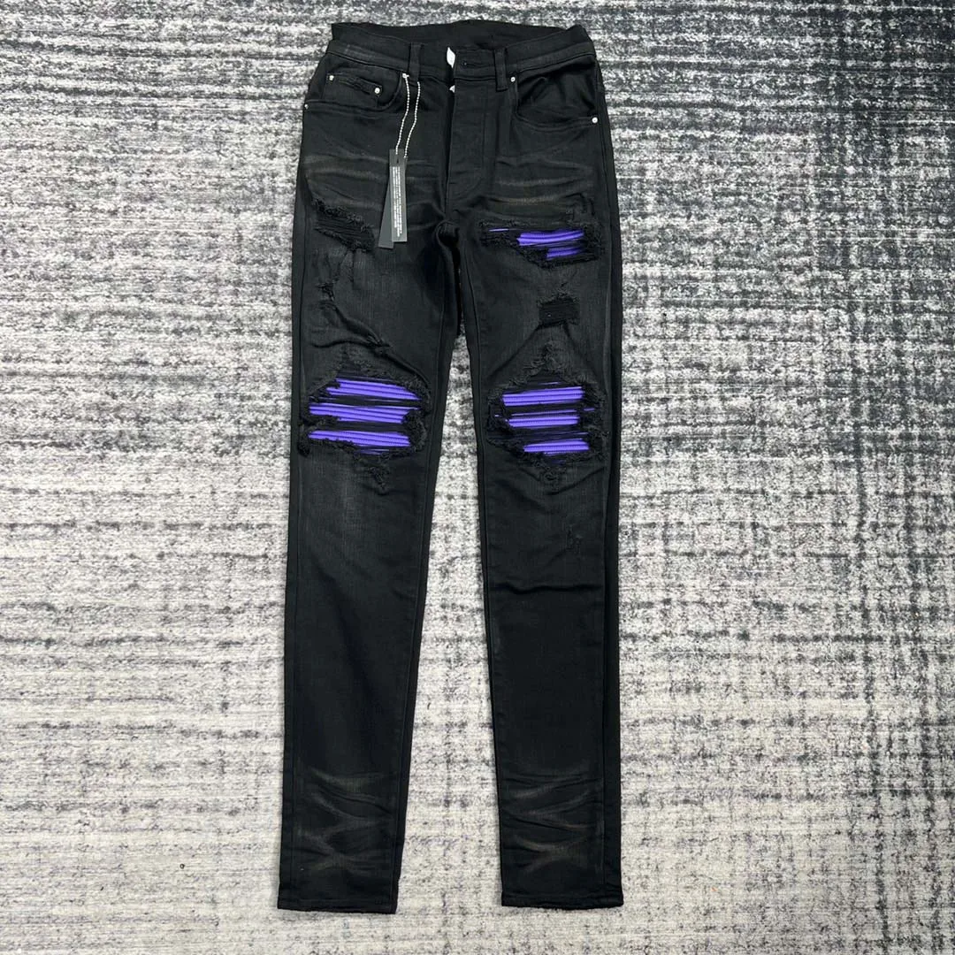 men purple leather patches distressed skinny black jeans