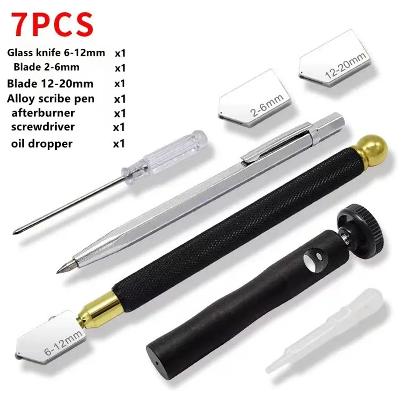 

Glass Cutter Tool Set 2mm-20mm Pencil Style Oil Feed Carbide Tip with 2 Blades and Screwdriver Glass Cutting Kit Hand Tools