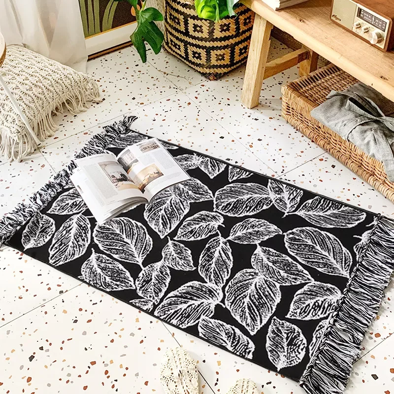 

Boho Decor Geometric patern tassel Black White Handmade cotton Linen Macrame woven mat doormat floor bath rug carpet 60x90