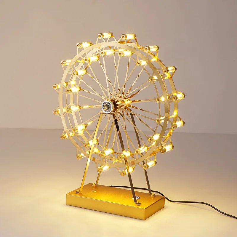 

Golden Stainless Steel Creative Ferris Wheel LED Dimming Light Bedside Decor Table Lamp Modern Eiffel Tower Building Furnishings