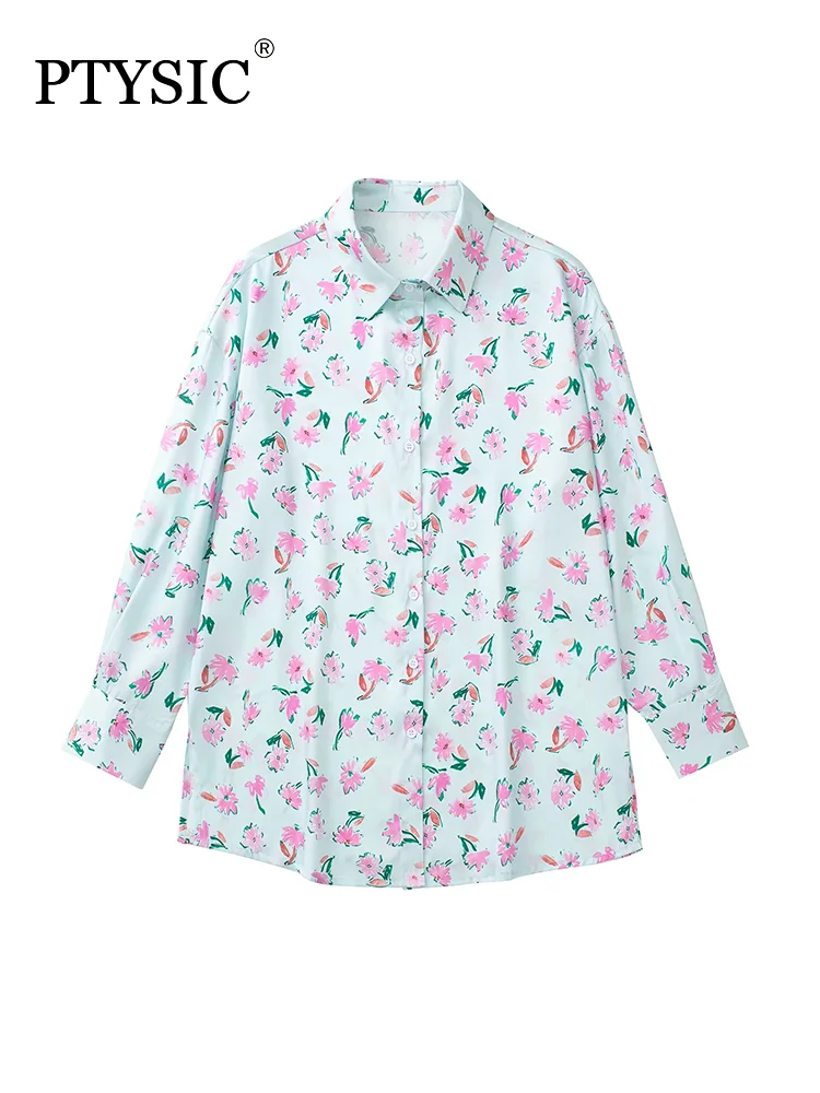 

PTYSIC Elegant Women Floral Print Shirt Sweet Girls Turn-down Collar Single Breasted Long Sleeve BOHO Blouse Streetwear