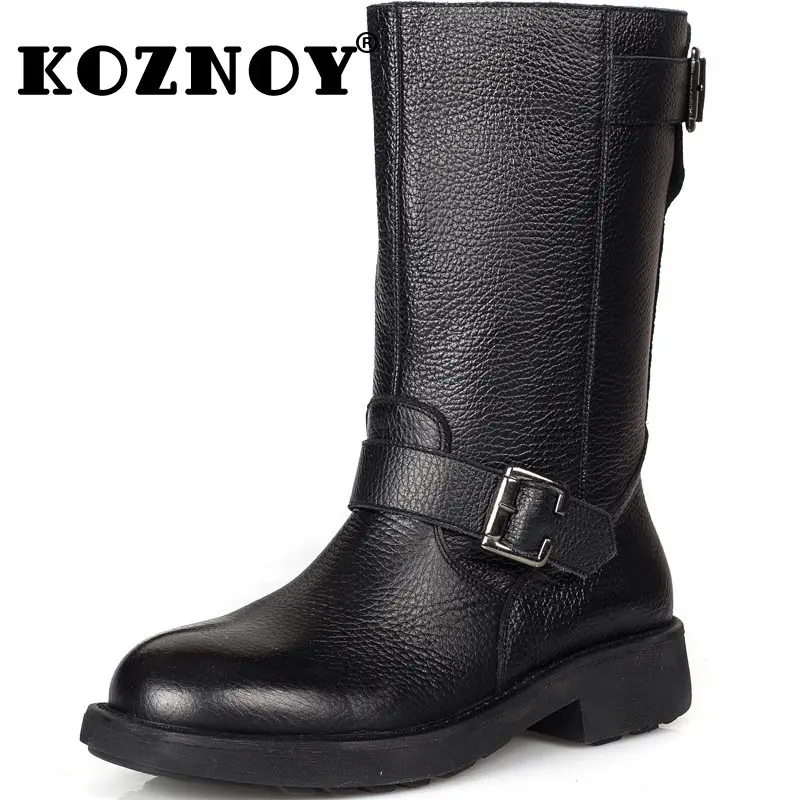 

Koznoy 3cm Ethnic British Genuine Leather Chimney Mid Calf Boots Spring Autumn Winter Plush Warm Fashion Flat Ladies Women Shoes