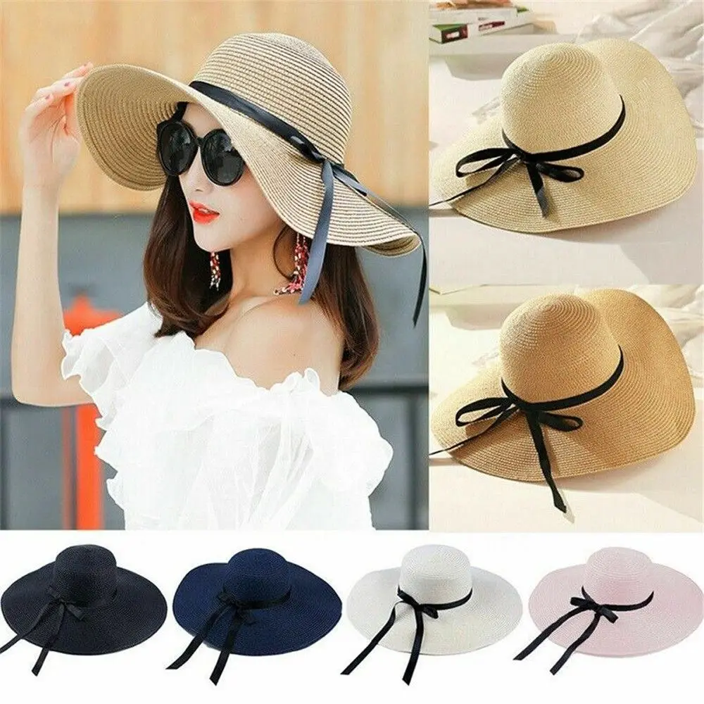 

Women Portable Foldable Big Wide Brim Beach Hat Visors Sun Hat Straw Cap