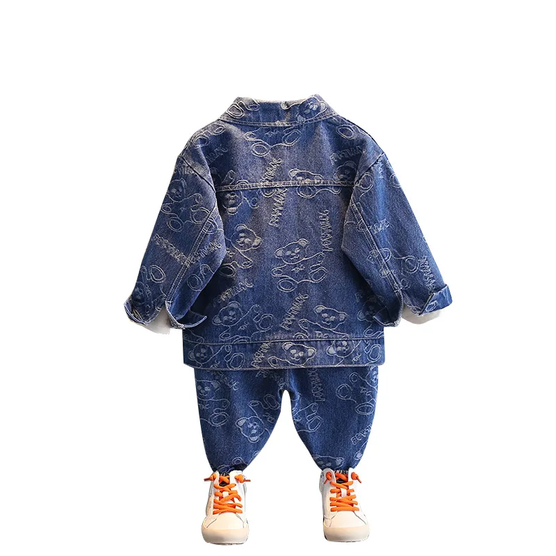 2022 New Kid Boys Clothing Denim Set Jacket+Pants Fashion Coats Cartoon Bear Printed Denim Jackets Toddler Baby Boys' Trousers