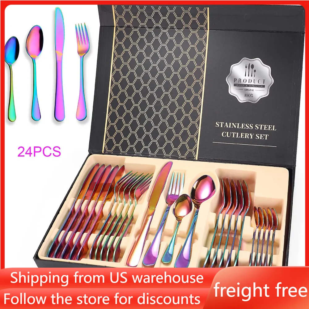

Colorful Silverware Set, 24-Piece Stainless Steel Rainbow Flatware Set, Cutlery Utensils Set Service for 6, Dishwasher Safe