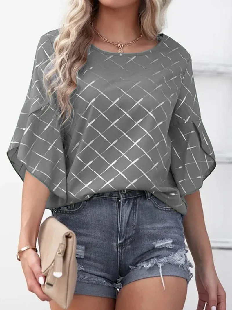 

Women Blouses Summer Elegant Lotus Leaf Sleeve O-Neck Lattice Blouse Loose Shirts Elegent Office Ladies Smooth Casual Solid Tops