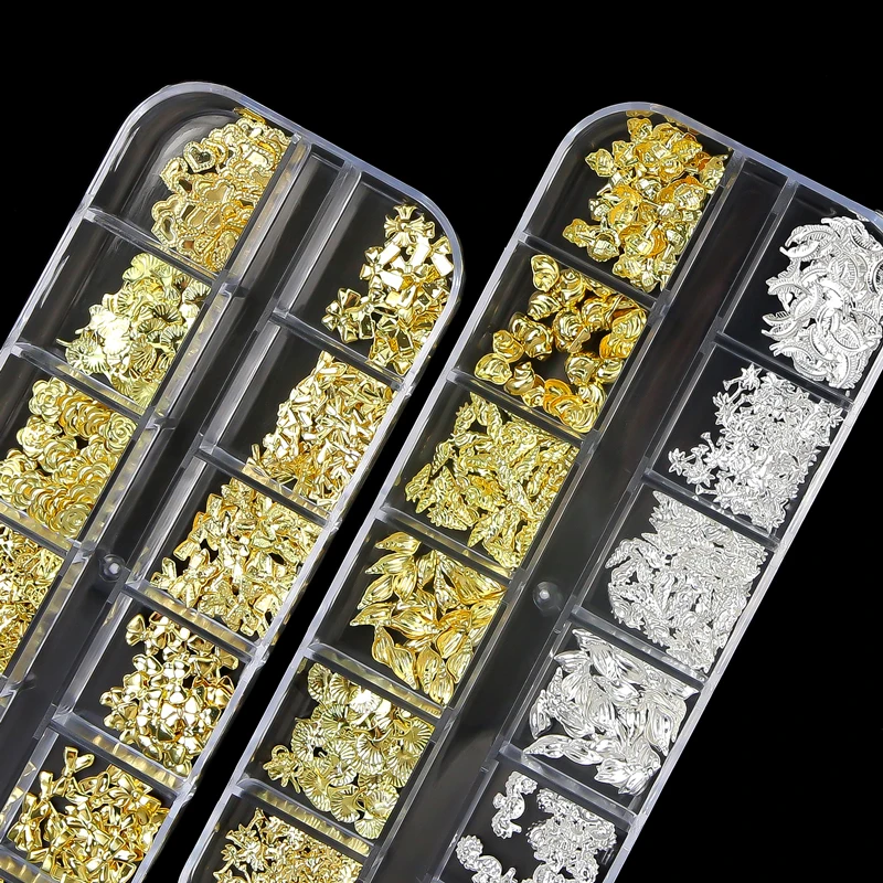 12 ячеек золотые серебряные морские ракушки звезды перья очаровательные ногти