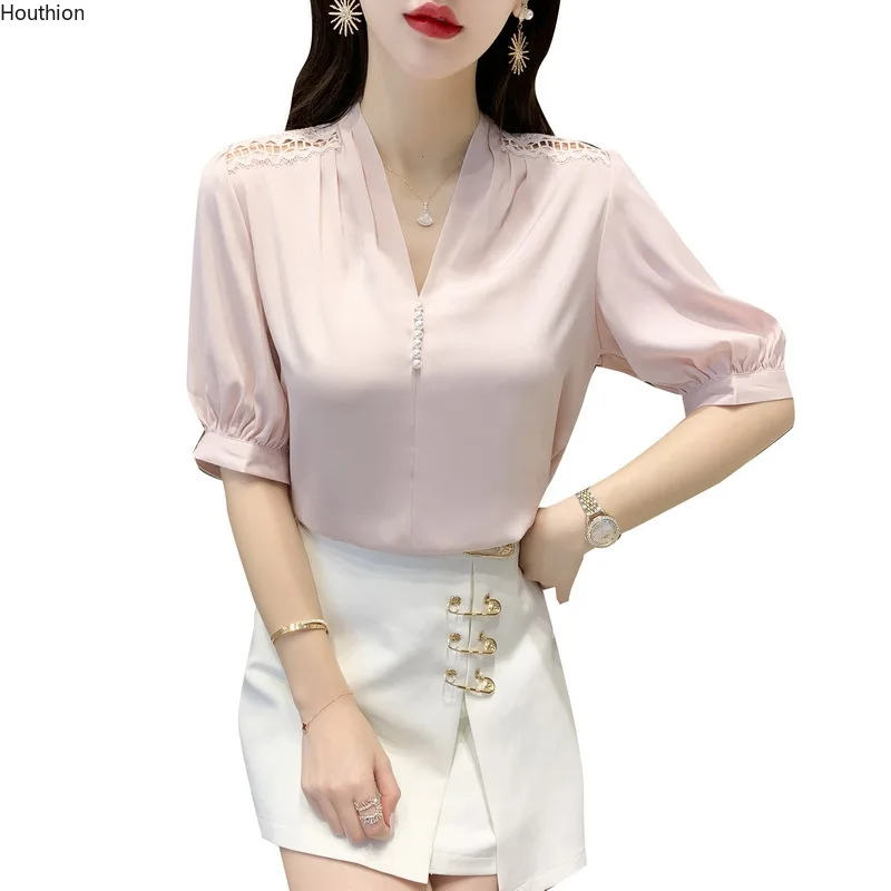 

Chiffon Slim Women's Blouses New Casual Solid Color Beaded V-neck Pullover Shirt Summer Fashion Short Sleeve Top