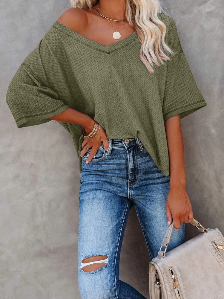 

New Summer Tops Women's T-Shirts Short Sleeves Women's Fashion High Quality Solid Color V-Neck Doll Sleeves Loose Woman Tshirts