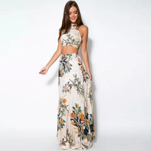 Женский комплект из двух предметов, блузка с открытой спиной и длинная юбка в богемном стиле, сексуальная модная юбка