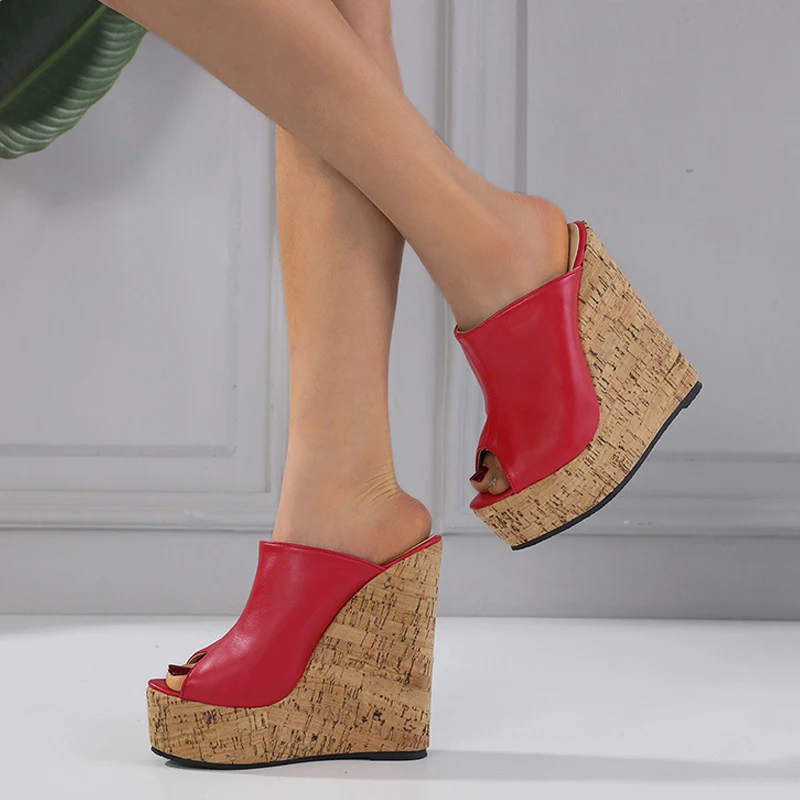 

2023 Platform Wedges Slippers New Sexy Super 15CM High Heels For Women Red Leather Peep Toe Summer Sandals Female Shoes