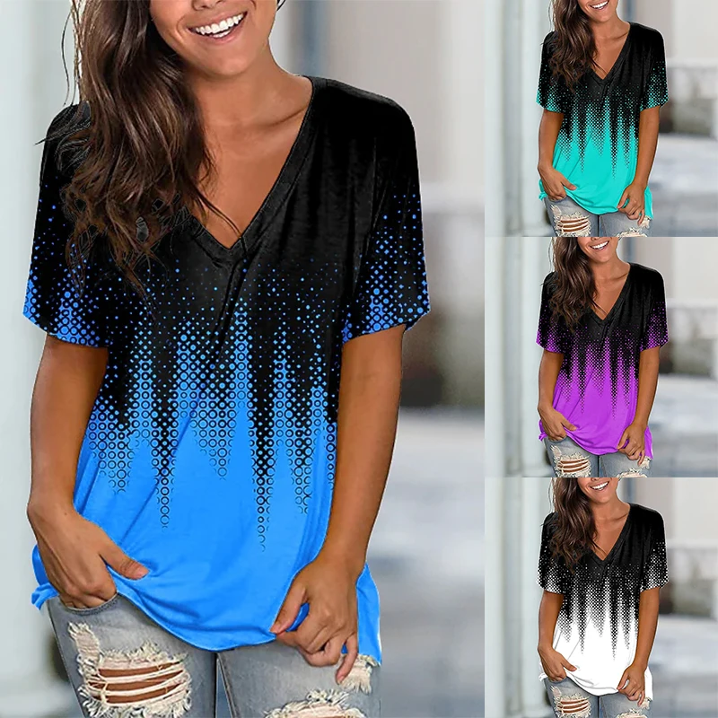 

2022 Summer Abstract Print Painting Tops Female Shirt Fational Casual Streetwear V Neck Short Sleeves New Pullover