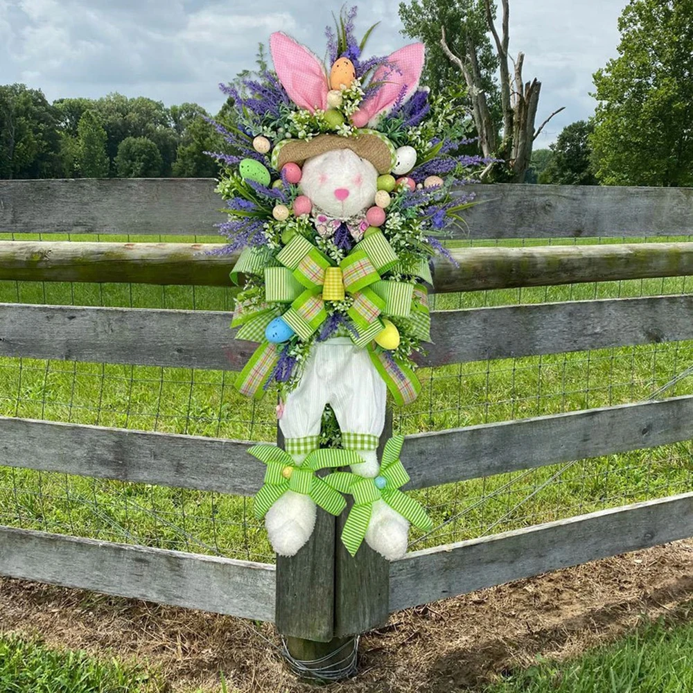 Hot Sell Easter Lavender Wreaths for Front Door Decoration Bunny Spring Artificial Wreath Rustic Bunny Wreath images - 6
