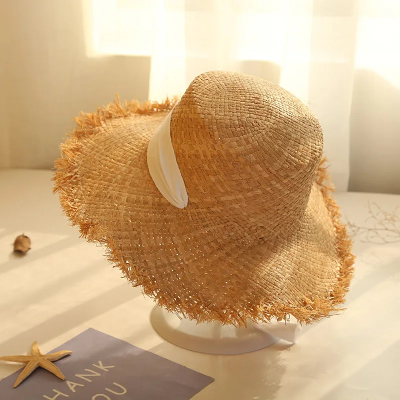 Шляпа Соломенная женская с широкими полями Солнцезащитная пляжная шапка лентой