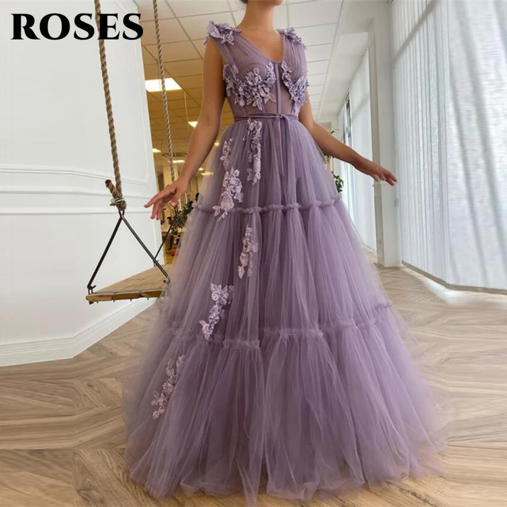 

Elegant Lavender Prom Gown Tiered Tulle Long Prom Dress A Line Fitted Boning 3D Flowers Floor Length Evening Gowns robe soirée
