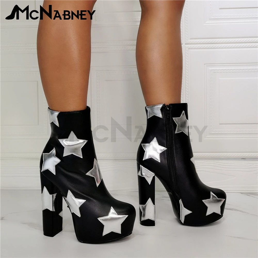 Star Pattern Ankle Boots Platform Chunky Heel Modern Boots Fashion Special Design Boots High Heels Pointed Toe Boots for Women