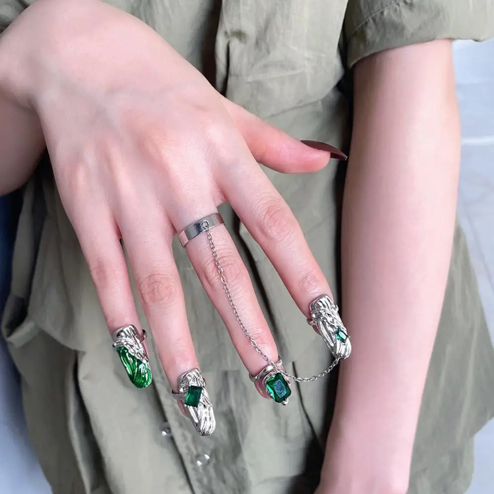 

4Pcs Nail Rings Green Faux Gem Dress Up Jewelry Opening Adjustable Finger Rings for Club