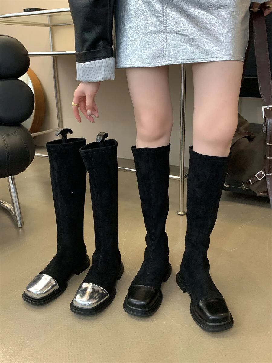 

Модные женские сапоги до колена, с круглым носком, на низком каблуке, серебристые, черные, осенне-зимние классические туфли, женские туфли-лодочки