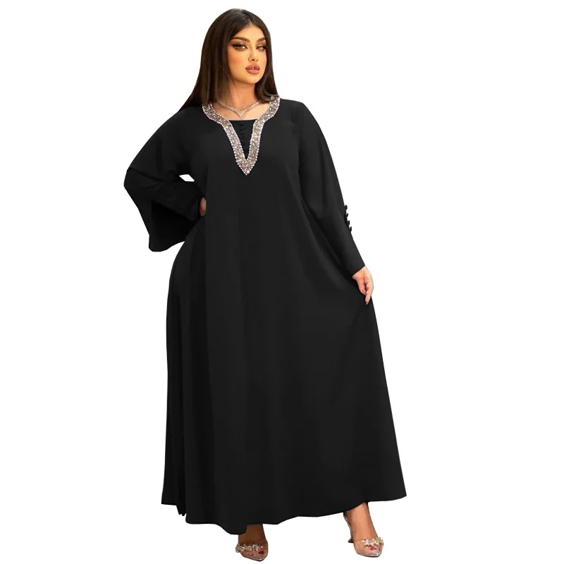 2023 New Muslim Women's Fashion Solid Color Cosize Dress Hand-beaded Hot Diamond Robe Pour Femme Mumulmane Abaya